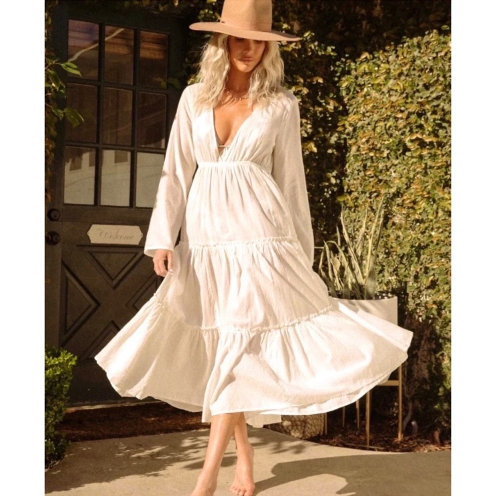 NWT Billabong x Salty Blonde Wanderlust Maxi Beach Dress Tiered Deep V Neck L